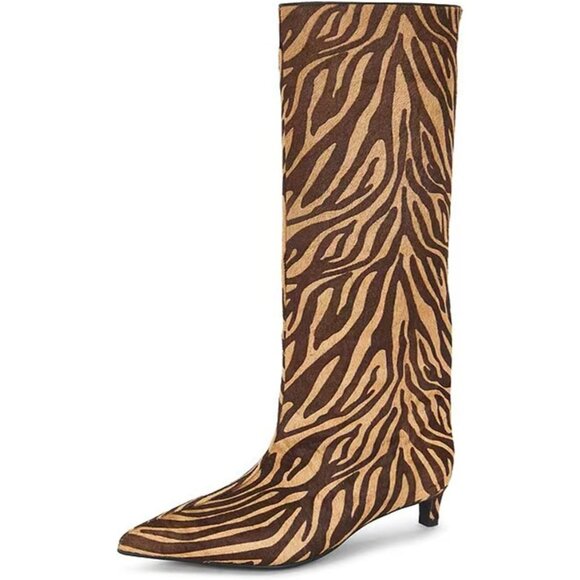 ⚡Women's Zebra Pattern Knee High Boots Pointed Toe Kitten Heel Casual Long Boots - Picture 5 of 7